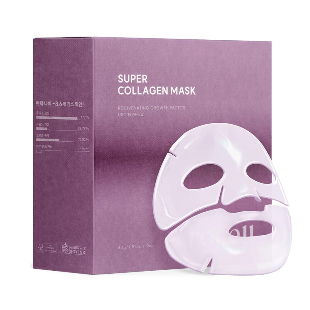 AROCELL Super Collagen Mask 4 Facial Sheet Dual Matrix Hydrogel Masks with Low Molecular Weight Collagen for Elasticity Hydrating Anti-Aging Cooling Korean Skincare, 43g x 4ea