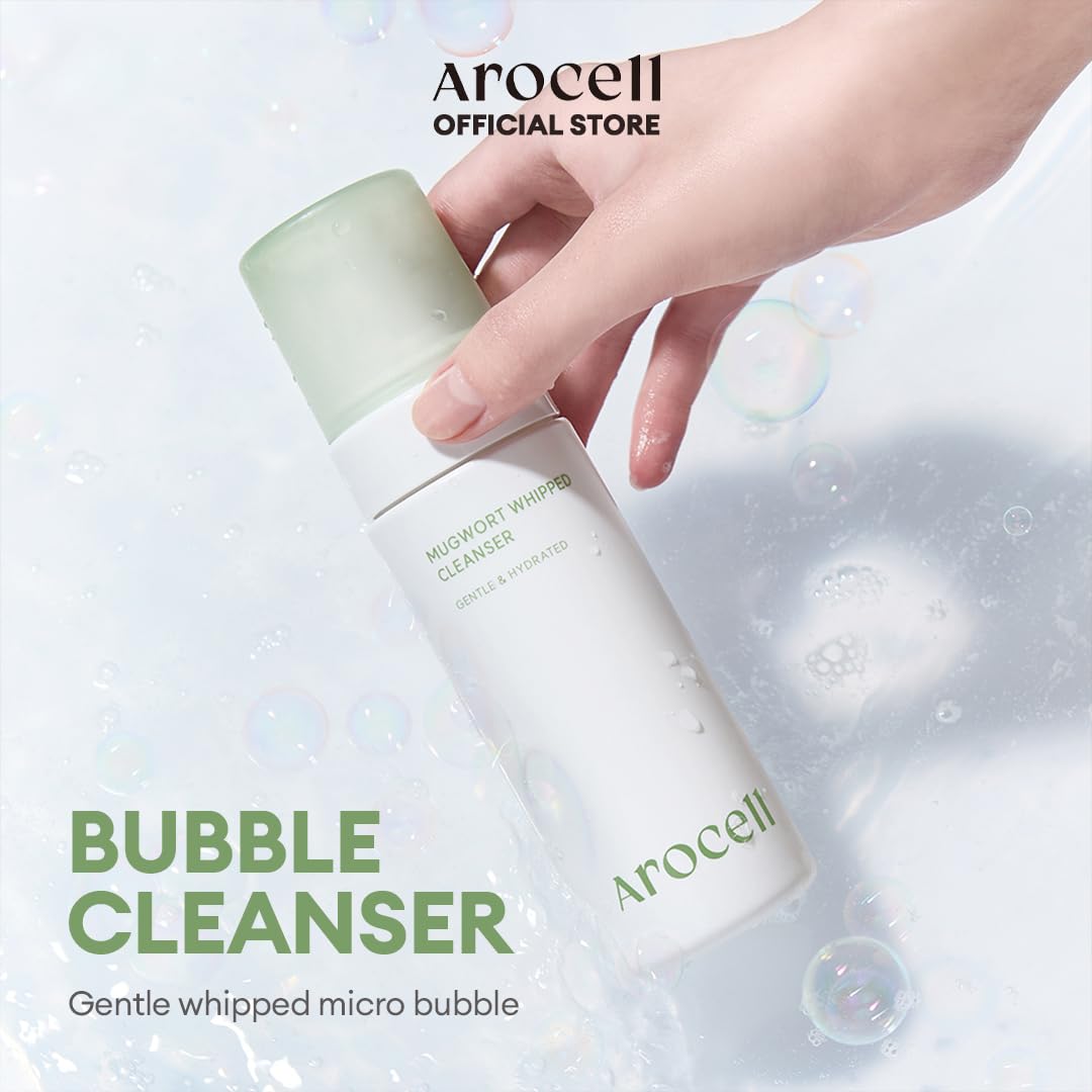AROCELL Mugwort Whipped Micro Bubble Foaming Cleanser with Hyaluronic Acid Gentle Mild Cleansing Face Wash Makeup Remover Hydrating Fragrance Free Korean Skincare