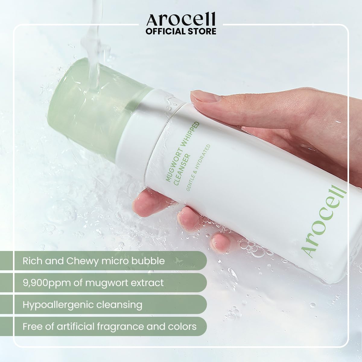 AROCELL Mugwort Whipped Micro Bubble Foaming Cleanser with Hyaluronic Acid Gentle Mild Cleansing Face Wash Makeup Remover Hydrating Fragrance Free Korean Skincare