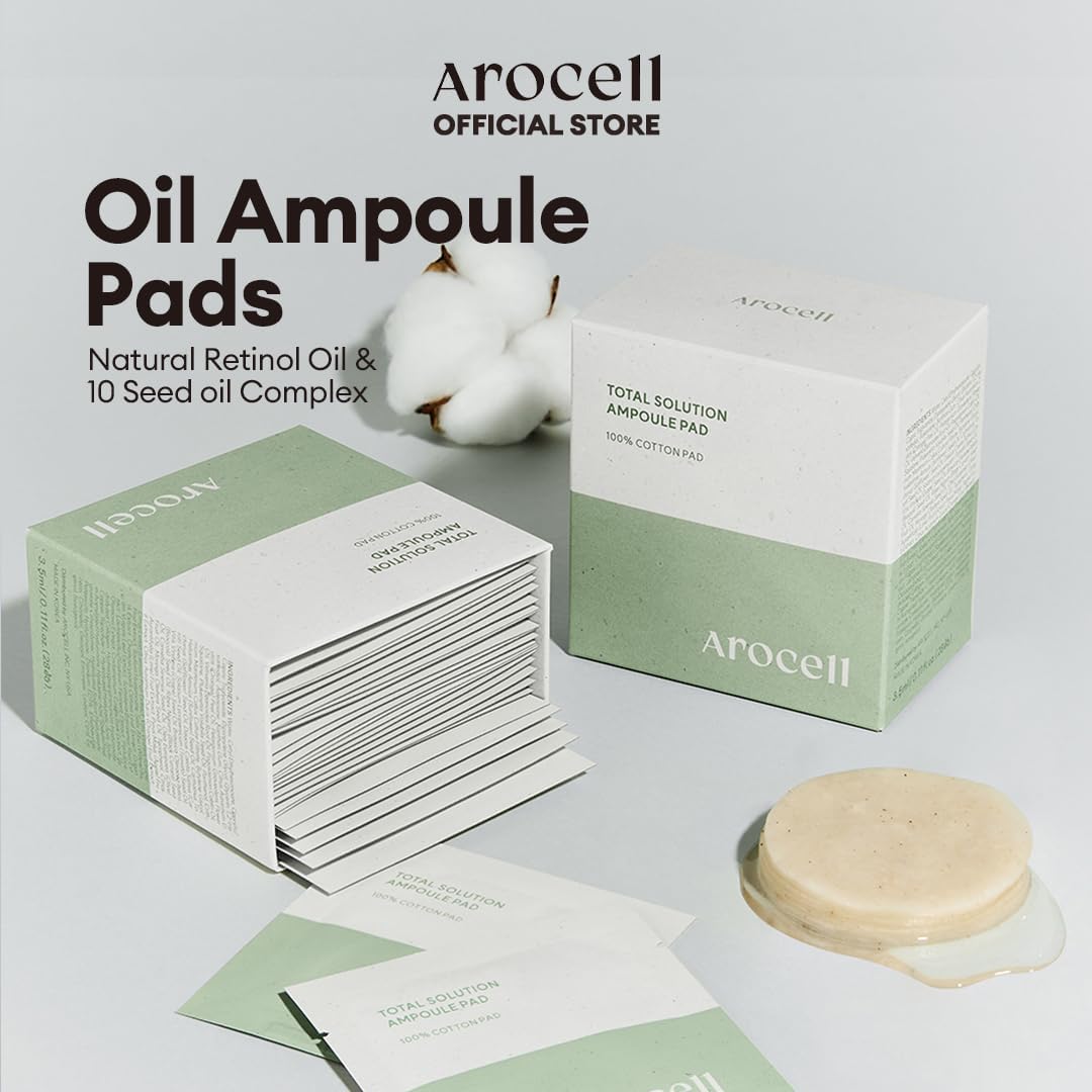 AROCELL Total Solution Ampoule Pad 100% Cotton 28 Sheets for Elasticity Moisturizing Exfoliation Skin Barrier Wrinkle Care Treatment with Hyaluronic Acid 10 Seed Oil Korean Skincare